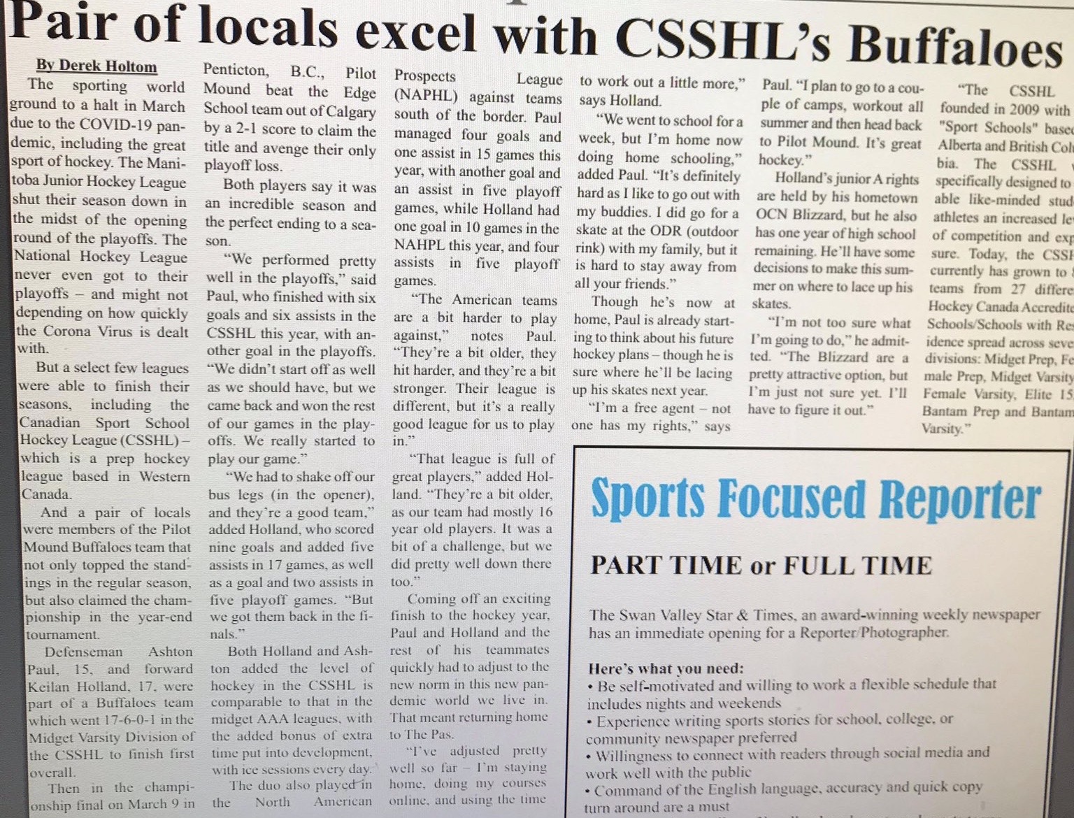 You are currently viewing Pair of Locals Excel with CSSHL’s Buffaloes – Opasquia Times