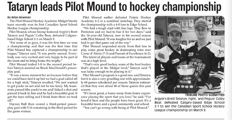 You are currently viewing “Tataryn Leads Pilot Mound to Hockey Championship” – Stonewall Teulon Tribune